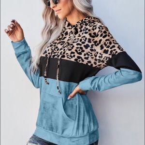 Blue Leopard Tie Dye Colorblock Hoodie
